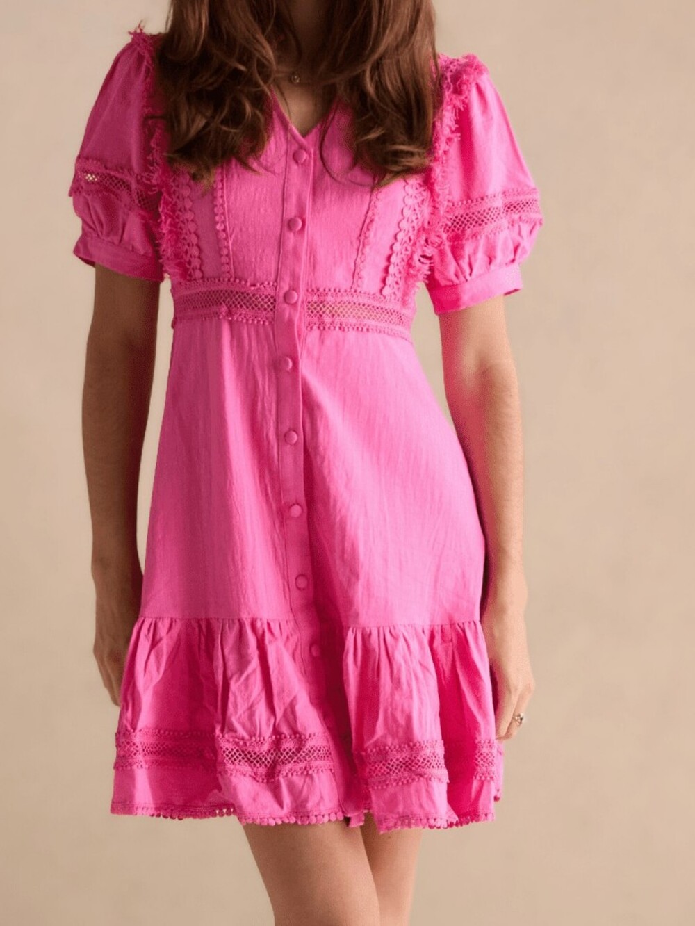 Léo & Ugo Paris Mini Nadia Fuchsia Cotton Crochet Lace Trim Puff Sleeve Dress XL